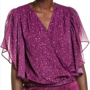 NWT RAMY BROOK Raspberry Short Flutter Sleeve Elastic Hem Blouse Size Large